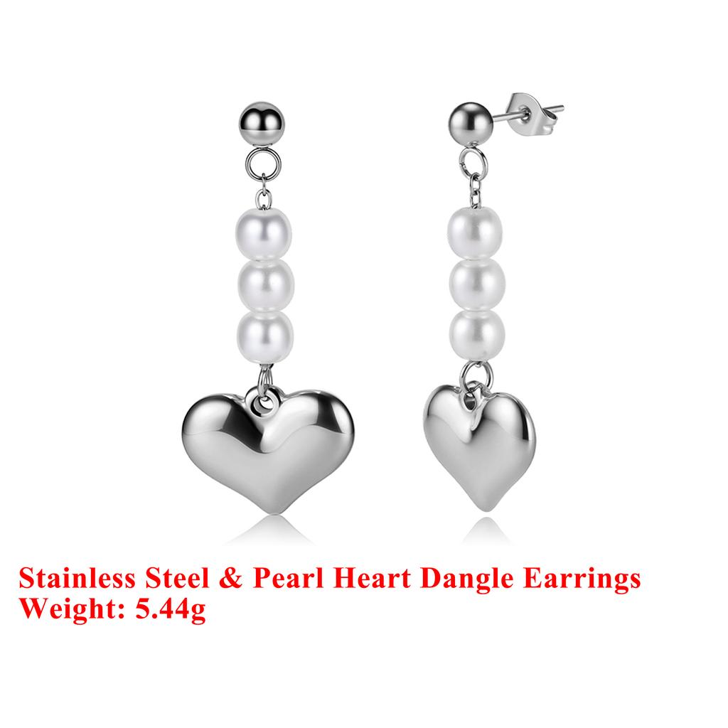 Effie Queen Stainless Steel 18k Gold Heart Style Pearl Drop Earrings Romantic Jewelry for Women Wedding Party Casual Gift STPE01