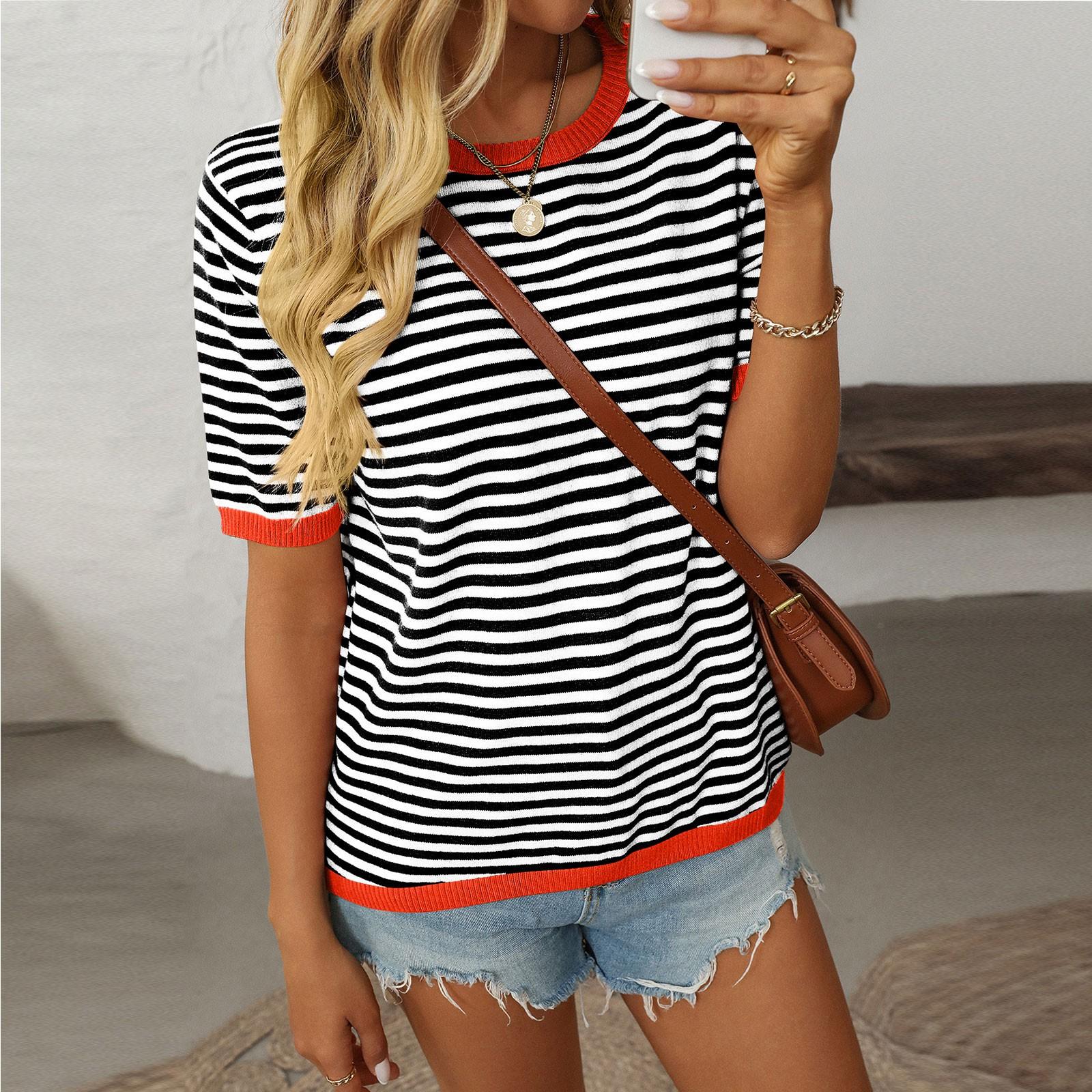 

Женская модная свободная футболка с круглым вырезом в полоску с коротким рукавом и цветным узором M чёрный