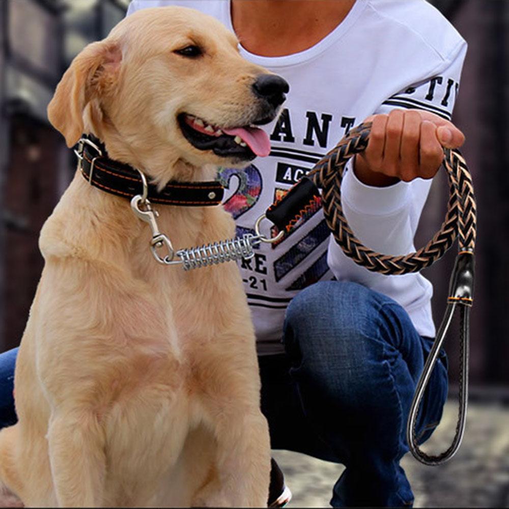 No Pull Leather Dog Leash Durable Cowhide Braided Dog Leash Buffer Spring Design for Training Walking Large and Medium Dogs Pets