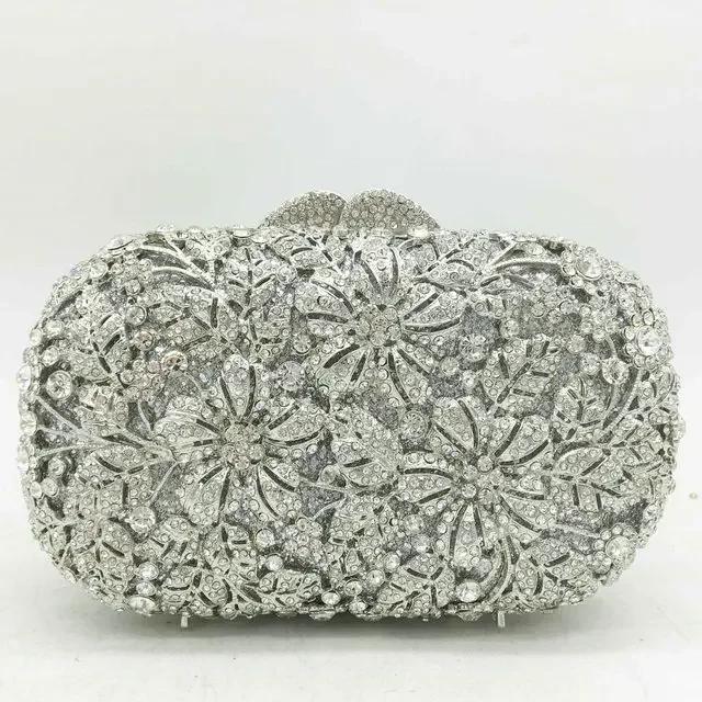 

Boutique De FGG Elegant Women Flower Clutch Silver Evening Purses and Handbags Wedding Rhinestone Handbags Bridal Party Bags Mini