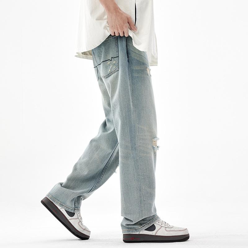 American Retro Wide-leg Pants New Straight Trendy Brand Ripped Holes Fashion Street Trend Loose Jeans Men's Pants