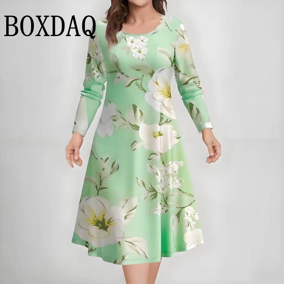 Autumn Winter Women's Print Long Sleeve Dresses Vintage Elegant A-Line Dress 3D Flowers Graphic Casual Plus Size Dress
