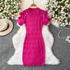 Summer Women Elegant Ruffle Metal Button Office Work Knitted Sheath Sweater Mini Dresses