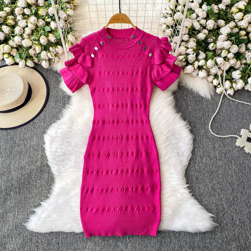 Summer Women Elegant Ruffle Metal Button Office Work Knitted Sheath Sweater Mini Dresses