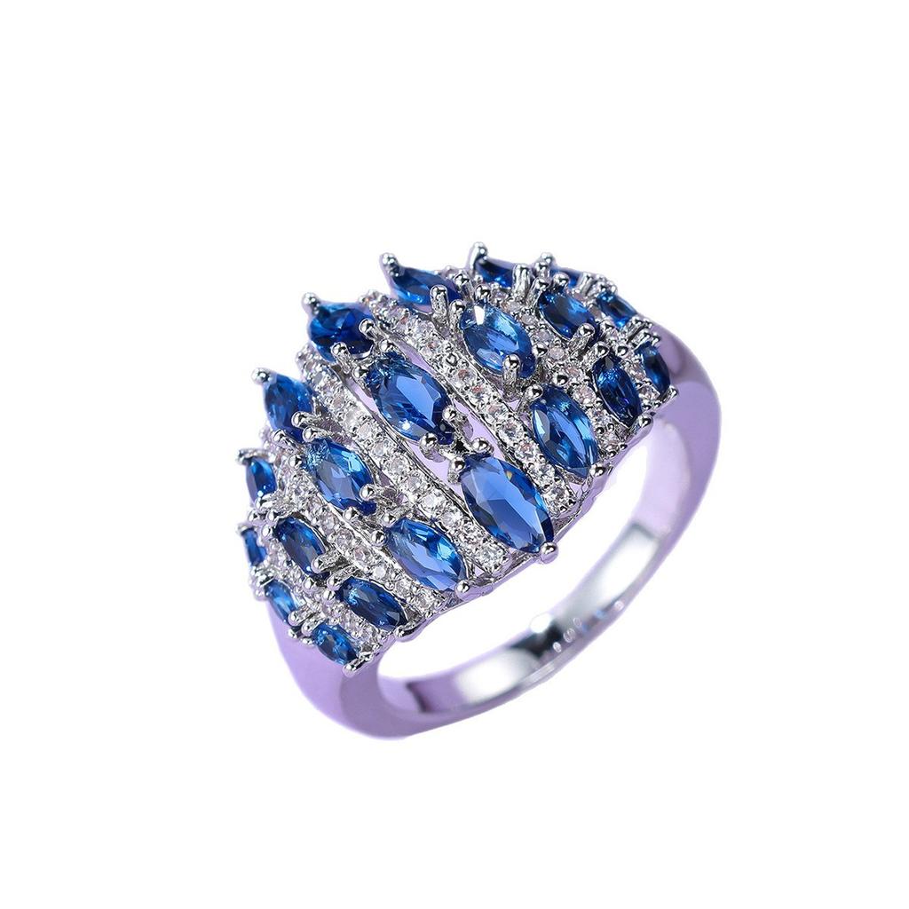 Gorgeous Silver Color Inlaid White Blue CZ Women's Ring Geometry Hollow Daily Wear Party Jewelry