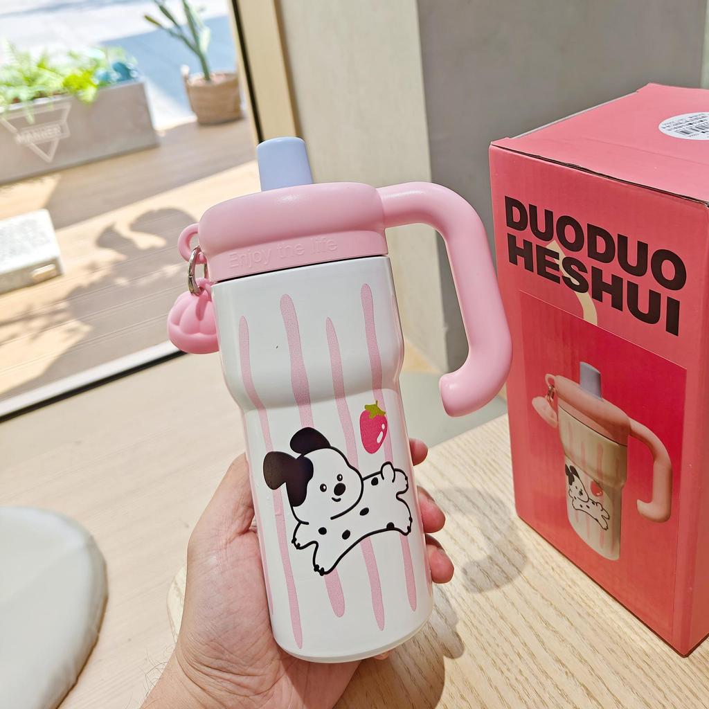 Floral Cartoon Handle Stainless Steel Vacuum Insulated Cup with Tea Infuser and Straw