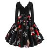E-Commerce Hepburn Retro Christmas Print V-Neck Splicing Long-Sleeved Pendulum Dress