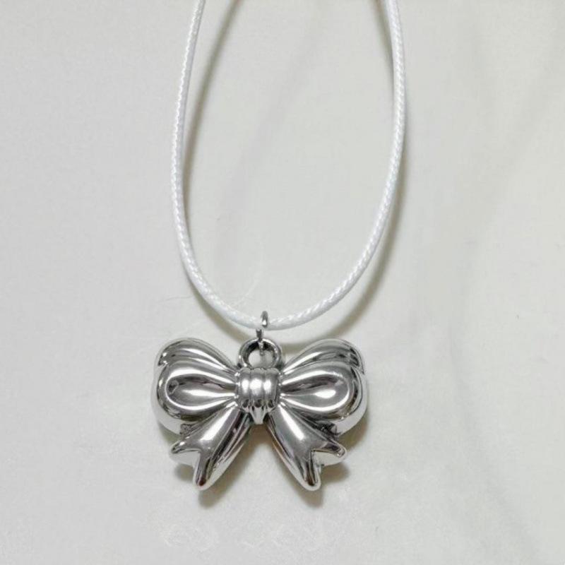 Korean-Style Silver Beaded Bow Necklace - Elegant Clavicle Chain for Women