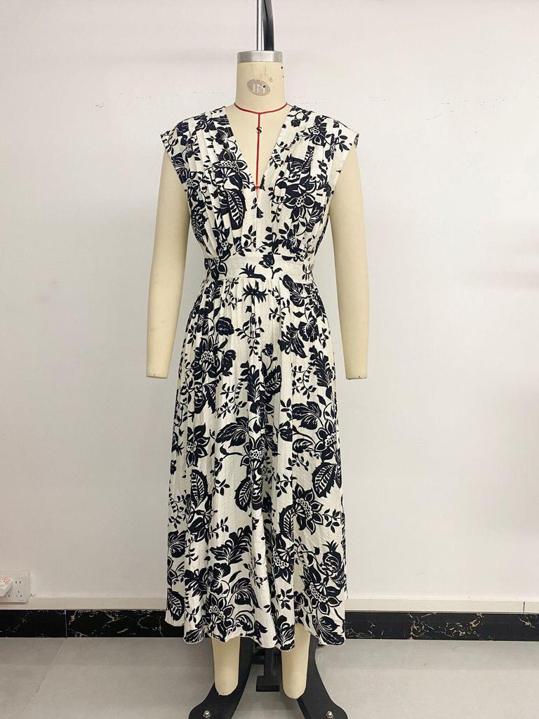 2026 Summer European Floral V-Neck Sleeveless Waist-Cinching Dress for Women