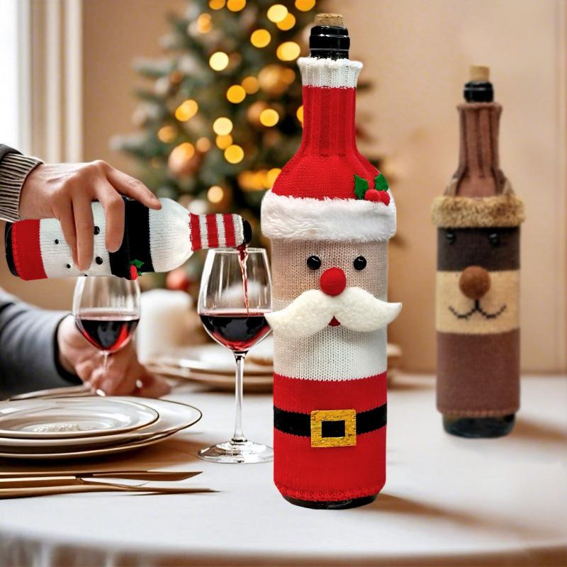 Festive Red Christmas Knit Wine Bottle Cover for Holiday Table Decor