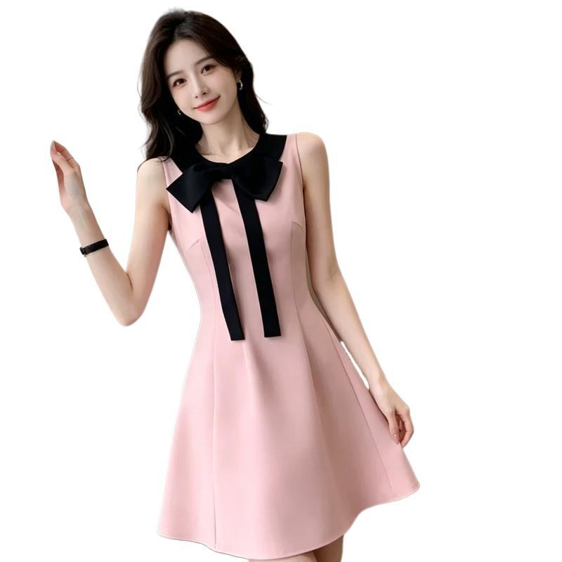 Pink First Love Bow Splicing Vest Dress Women's Small Summer Beautiful Temperament Coffee Break A-word Short Skirt