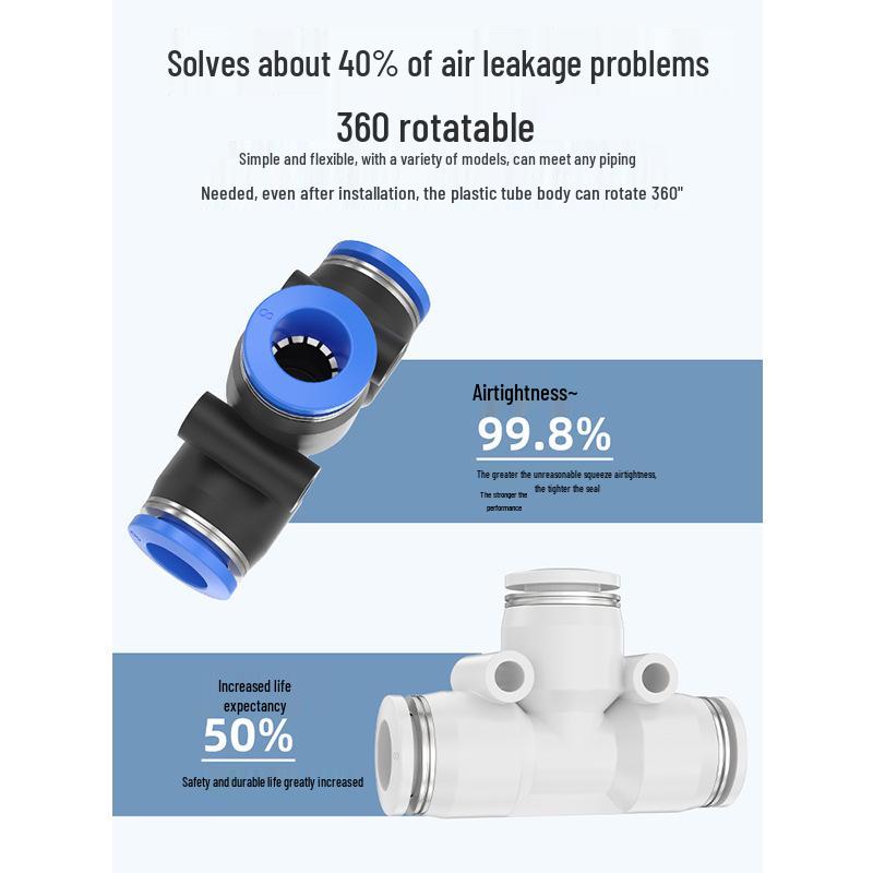 White Plastic Pneumatic Tee Connector, PE46, 8/10/12/16mm, T-Shaped, Quick Push-in Air Tube Reducing Adapter