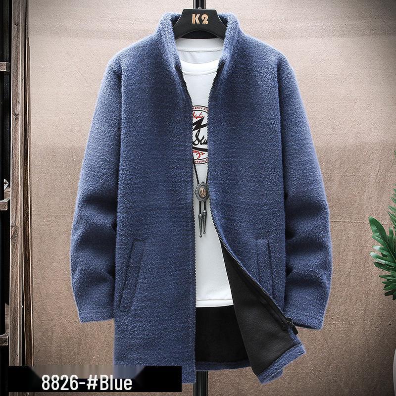 

Men s Mid-Length Velvet-Lined Cardigan: Warm, Trendy Stand Collar for Autumn/Winter 3XL синій