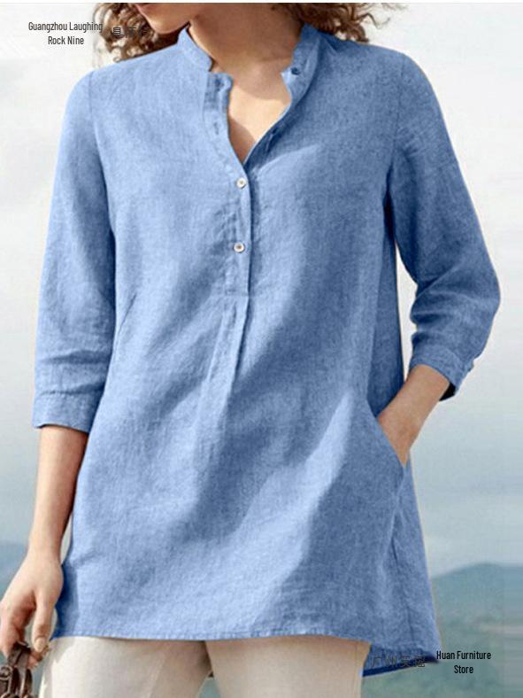 Damen Baumwoll-Leinen Hemd mit Sieben-Ärmeln und Stehkragen - Herbst Uni-Farben Patchwork Pullover