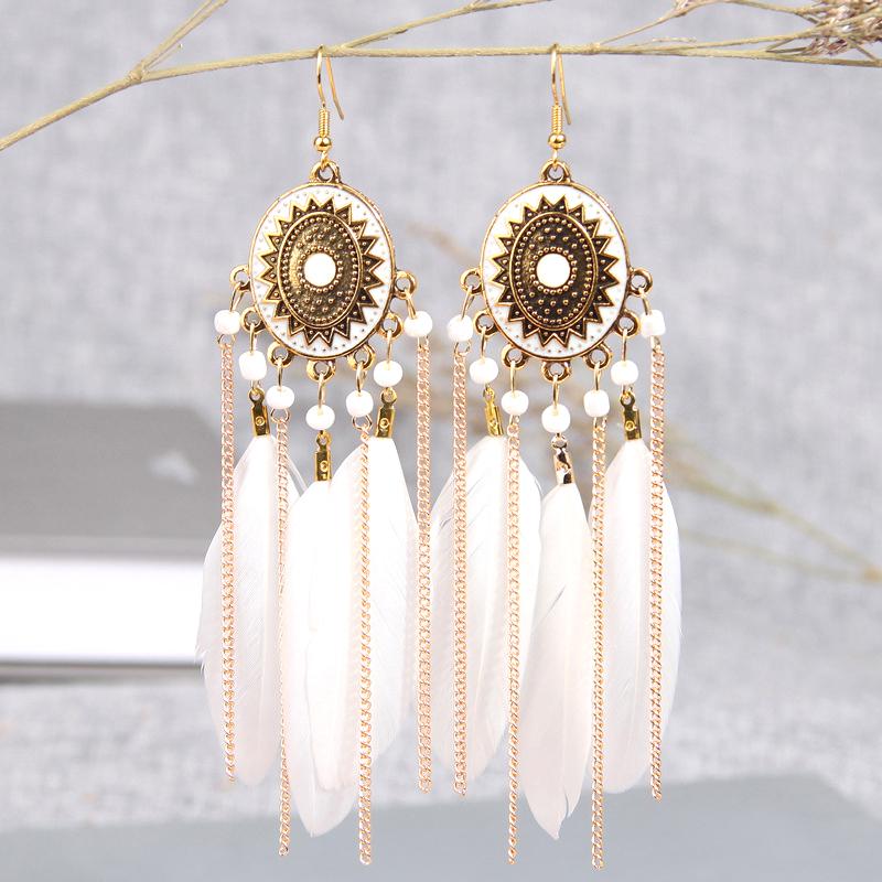 Ethnische Vintage Lange Temperament Federohrringe für Damen Elegante Geometrische Perlenkette Quaste Ohrring Boho Damen Schmuck
