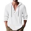 Pánská lehká lněná mikina Henley s kapucí, ležérní, s dlouhým rukávem, na knoflíky, se stahovací šňůrkou, jednobarevná