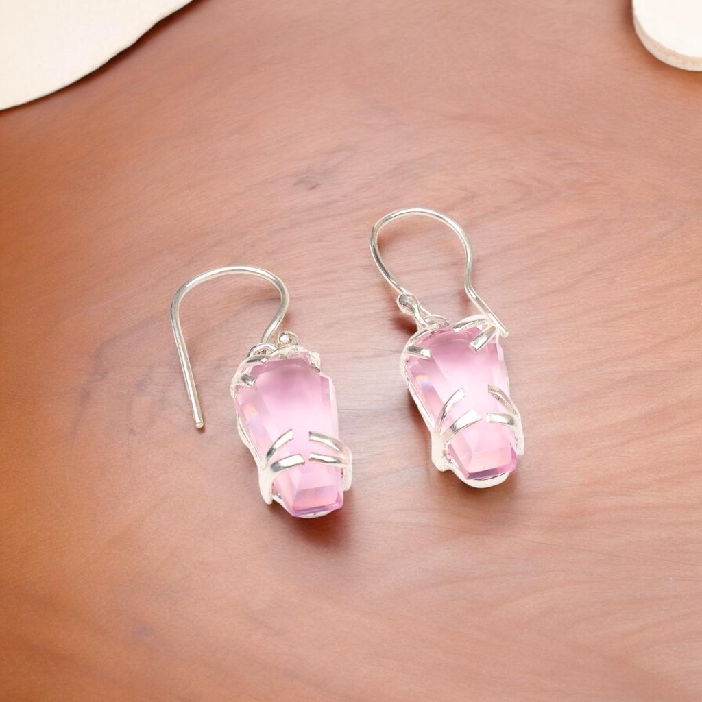 Morganite Gemstone 925 Sterling Silver Jewelry Handmade Earrings 1.45" For Women EE-129-9