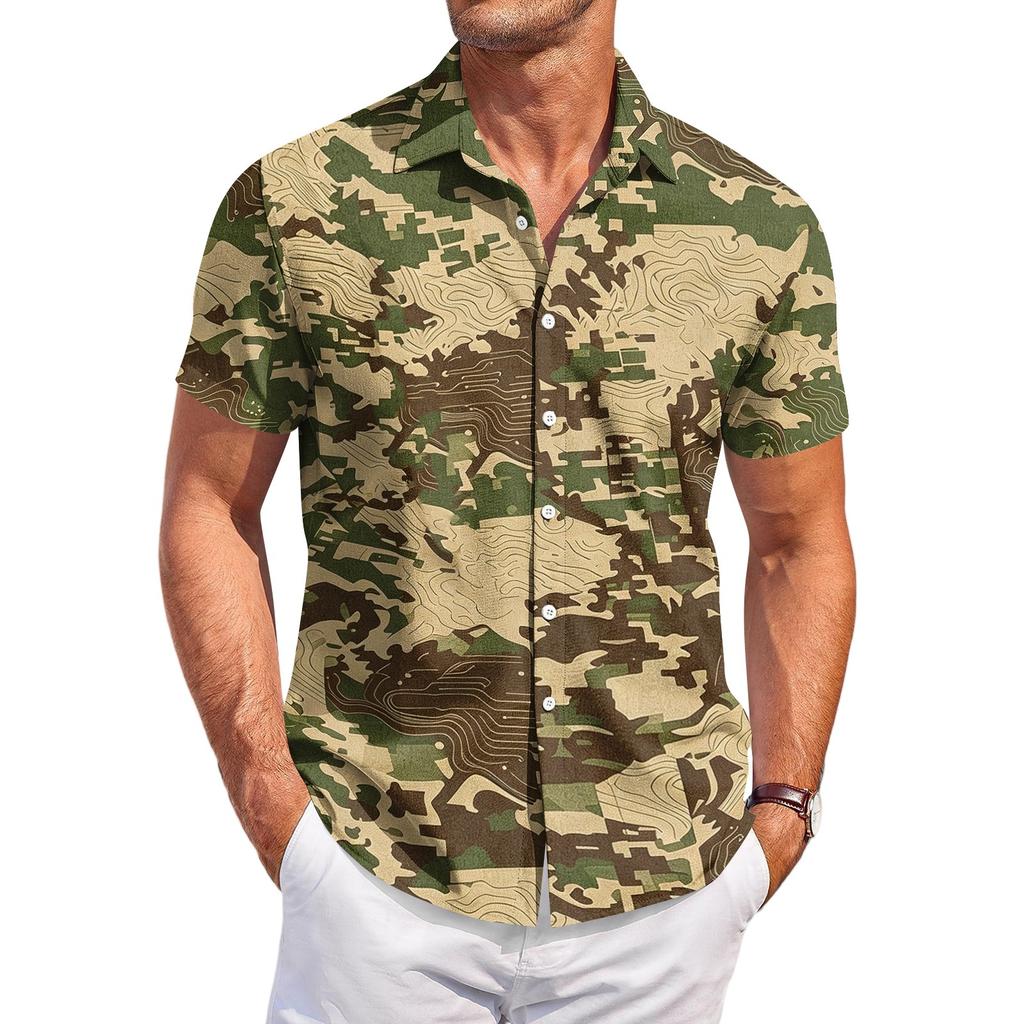 Camisa Casual de Manga Corta con Estampado de Camuflaje para Hombre, Moda Ligera de Botones, Top de Verano para Exteriores Ajustado para Uso Diario