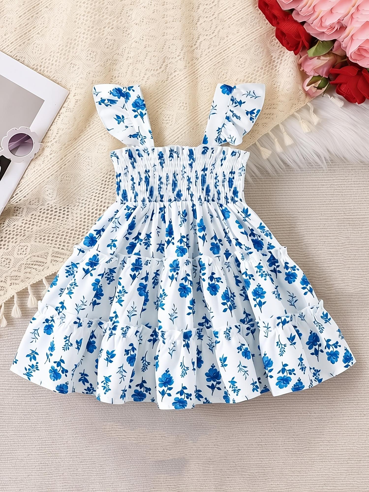 

Baby Girl Dress 0-3Y Summer Blue Floral Print Ruffle Sleeve Tiered Cake Dress Newborn Infant Girl Clothes 6-9M синий