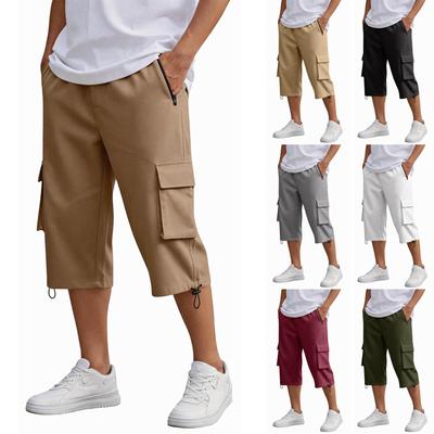Men’s Casual 3/4 Length Cargo Shorts Elastic Waist Relaxed Fit Lightweight Multi Pocket Knee Length Pants