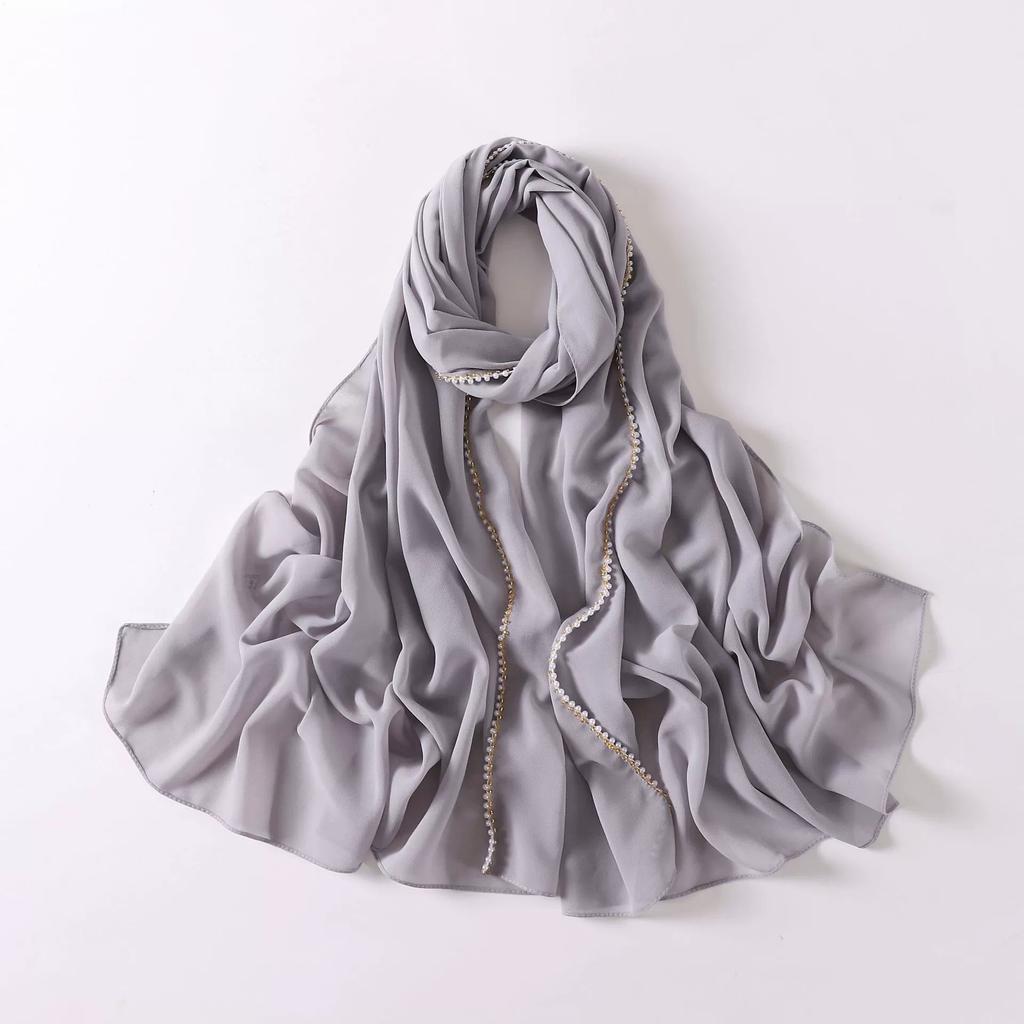 New Pearl Chiffon Hijab Scarf Copper Chain With Black Crystal Pearls Women Muslim Fashion Hijabs For Women Ramadan Turban Femme