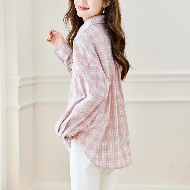 Camicetta a quadri rosa da donna per l'estate Ultimo stile di Hong Kong Stile vintage Camicetta