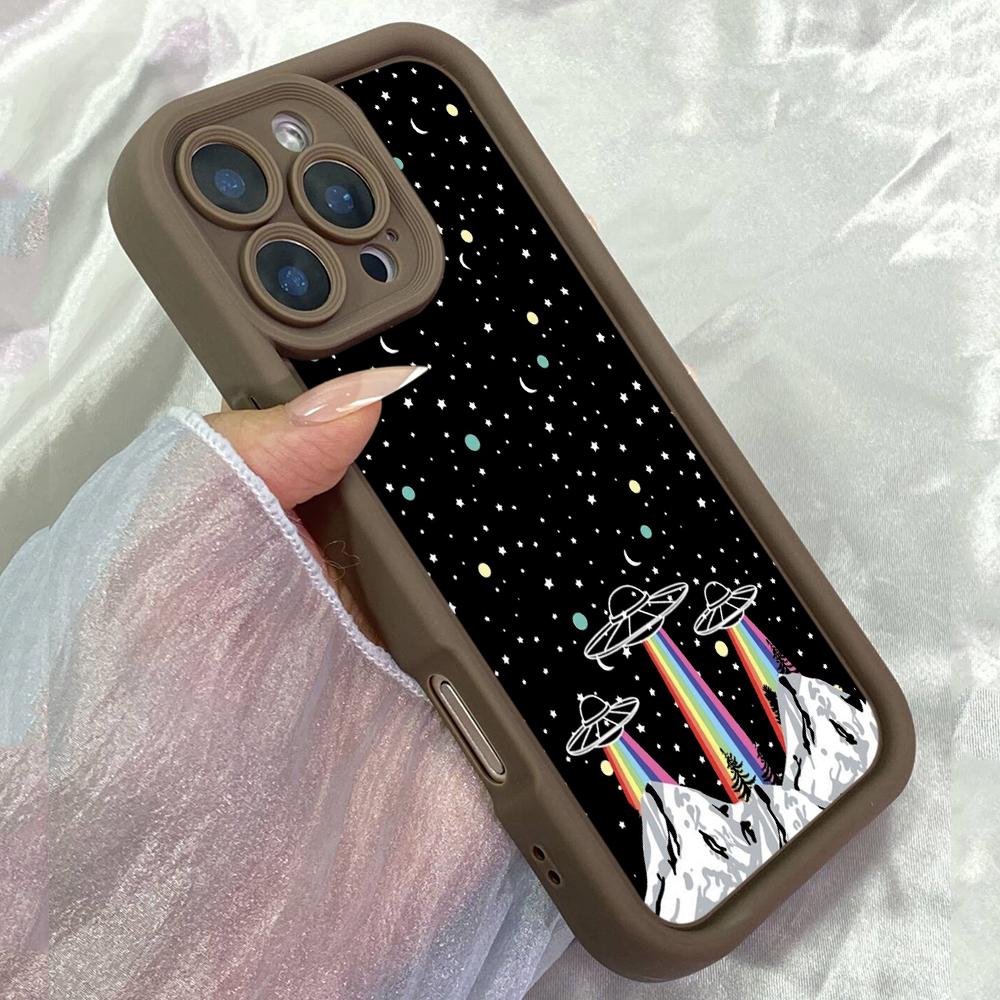 JT444 Rainbow mountains aliens spaceship for iPhone 17 16 15 14 13 Pro Max Samsung S26 S25 Ultra A17 A07 A56 A16 A15 Xiaomi 15T Redmi 15c Soft Case