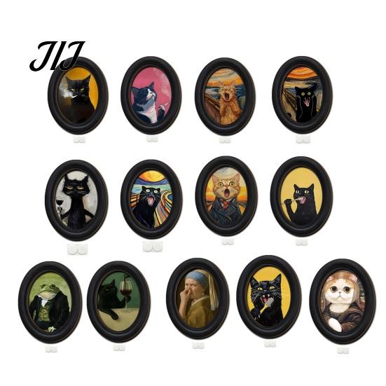 Decorative Wall Accents for Living Room Abstract Art Cat Decor, Oval 2D Wood Framed Funny Painting Unique Prints Print, Vintage Ornament Bedroom Home