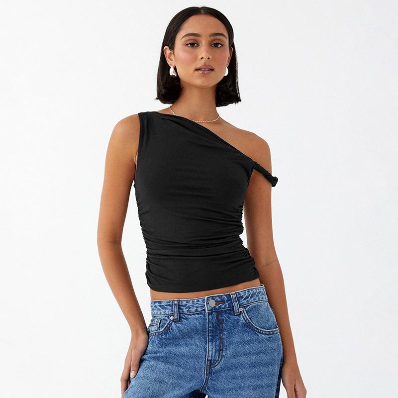 Simple Basic Casual Summer Tank Top Sleeveless Solid Color Off Shoulder Side Ruched Crop Tops Vestidos Spring Women