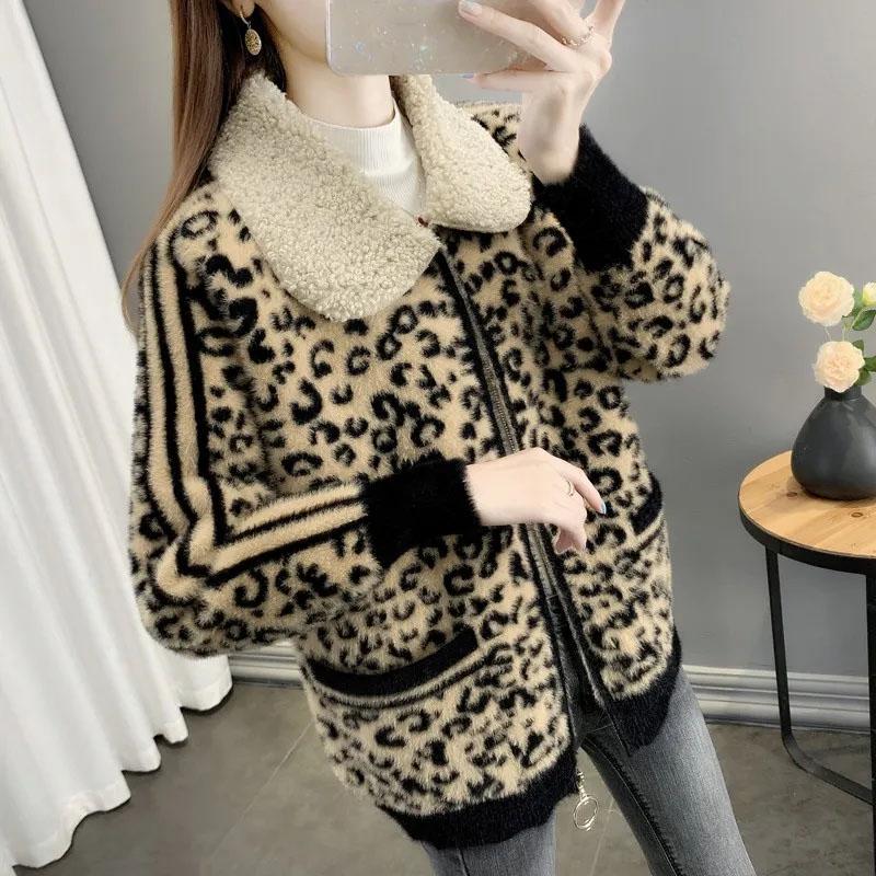 Palton Leopard pentru Femei Bumbac Pluș Toamnă Iarnă Hanorac Gros Fleece Oversize Casual cu Fermoar cu Glugă Jachetă