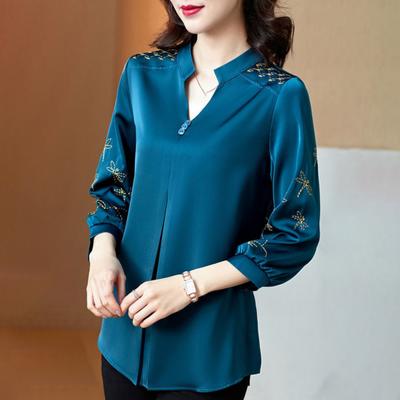 Kadın Bahar Üst Saten Düz Renk Retro Nakış Patchwork V Yaka Üç Çeyrek Kollu Artı Boyutu İşe gidip gelme Tarzı Zarif Anne Gömlek