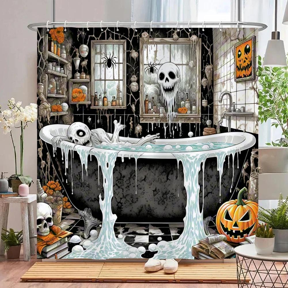 Lustiger Halloween-Duschvorhang Wasserdichter Badezimmer-Vorhang Schrecklicher Verrückter Skelett, Geist, Dunkler Stil Heim-Dekorationsvorhang
