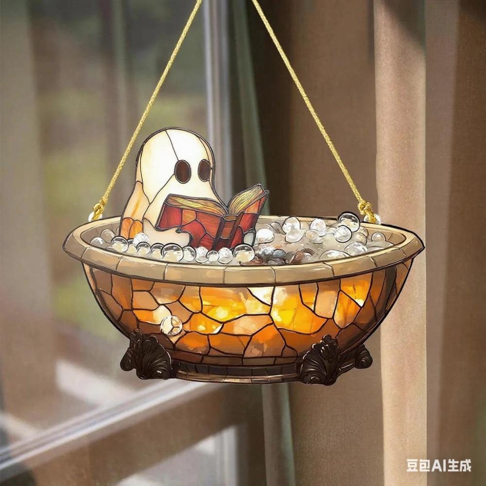 

1pc Acrylic Halloween Ghost in Bathtub Hanging Ornaments Cute Ghost Reading Book Decor, Four Seasons Decoration, Novelty Home Decor 14*19.5cm