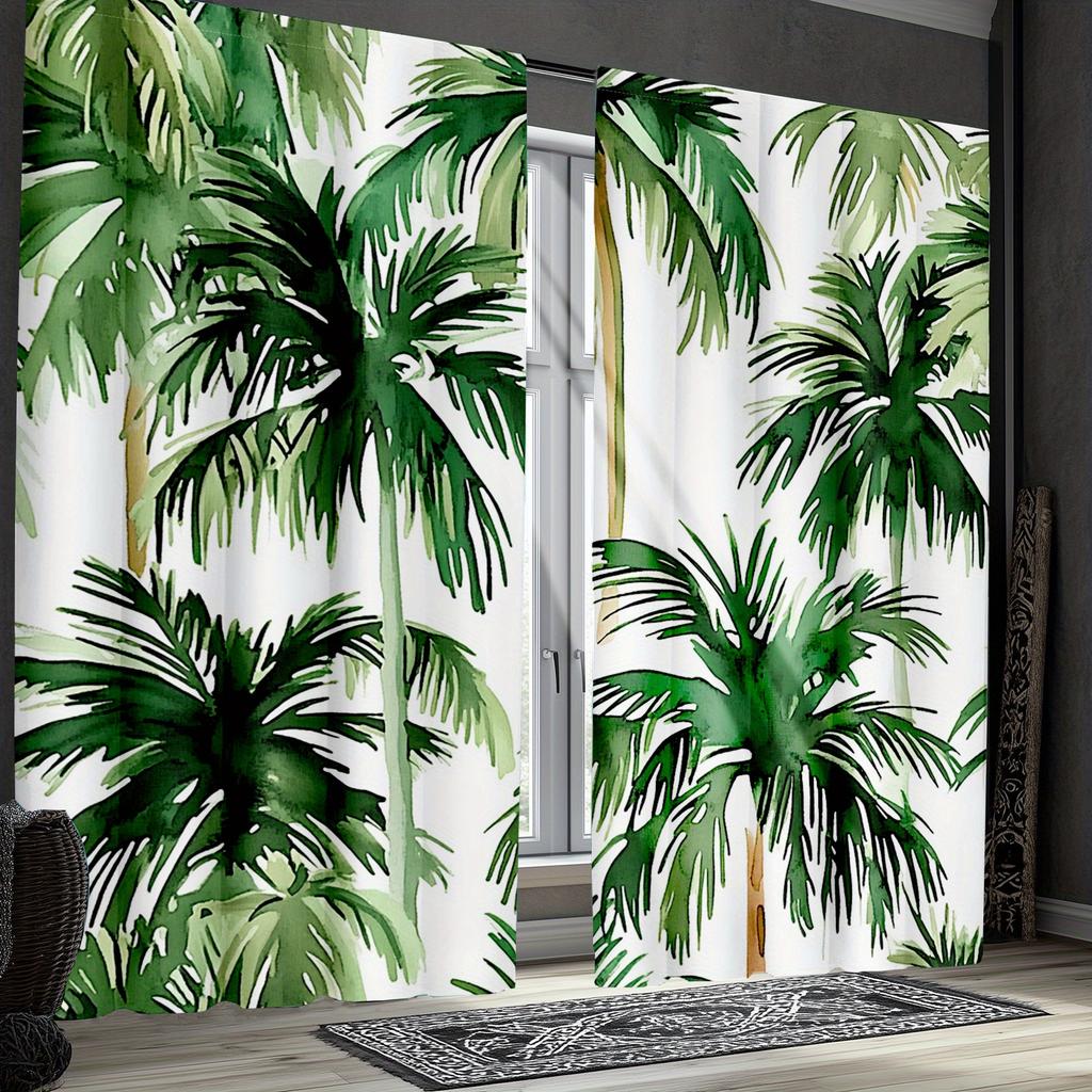 Set aus 2 Botanischen Palmenblatt-Vorhängen Tropischer Hawaiianischer Insel-Druck Schlafzimmer Wohnzimmer Aus Polyester Fensterdekoration