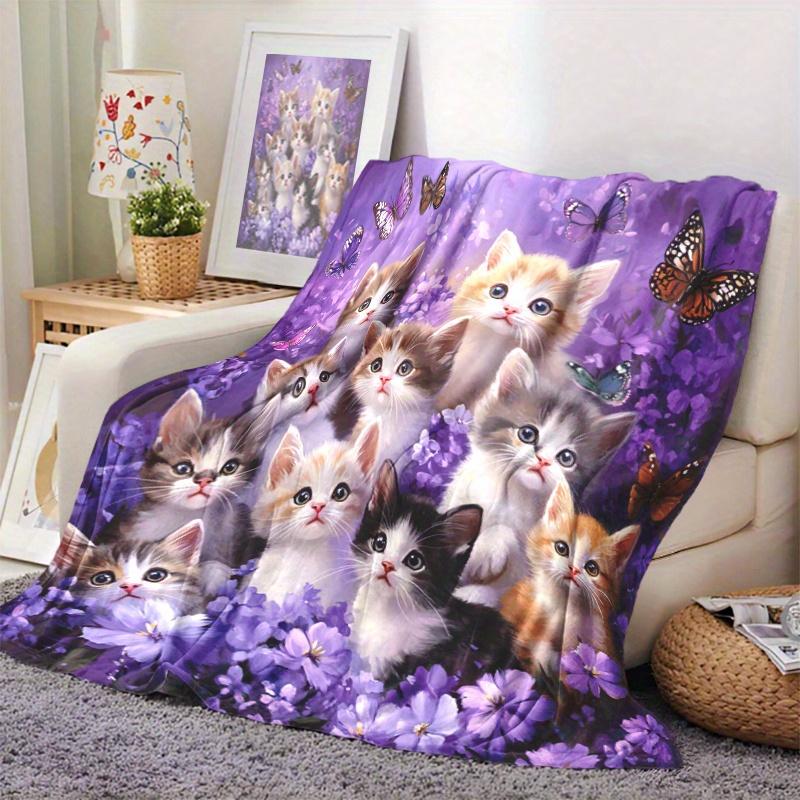 Kätzchen Blumen Schmetterling Flanell Überwurfdecke, gesteppter Glam-Stil für Sofa Bett, Fantasy-Thema Gemütliches Geschenk, Ganzjahres