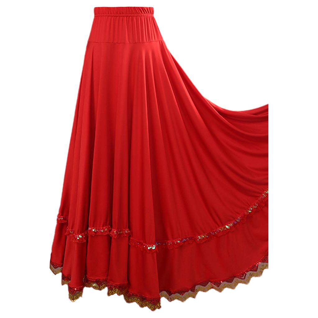 Gonna da ballo a ruota intera professionale per donna: Vita Alta Elastica con Bordino in Pizzo Arricciato per Quadriglia, Ballo da Sala & Flamenco