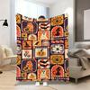 1pc, Retro Checkered Collage Texture Halloween Element Printed Blanket, Black Cat Ghost Pumpkin Mushroom Single-Sided Print, Flannel Material, for Off