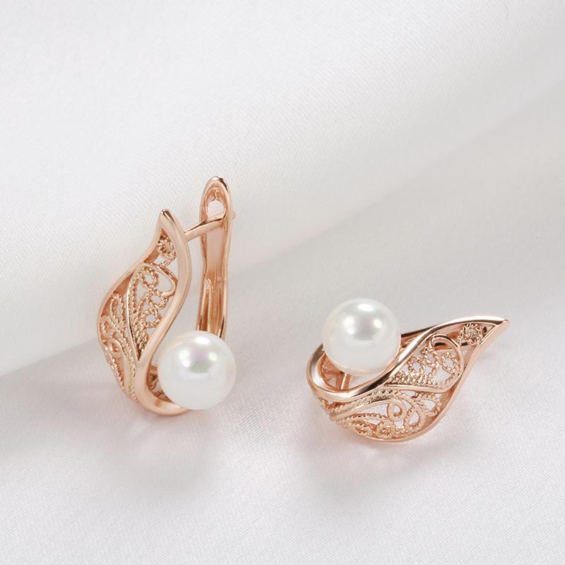 New  Rose Gold Color Dangle Earrings Women Hollow Flower White Round Shell Pearl Earrings Ethnic Bridal Fashion Jewelry