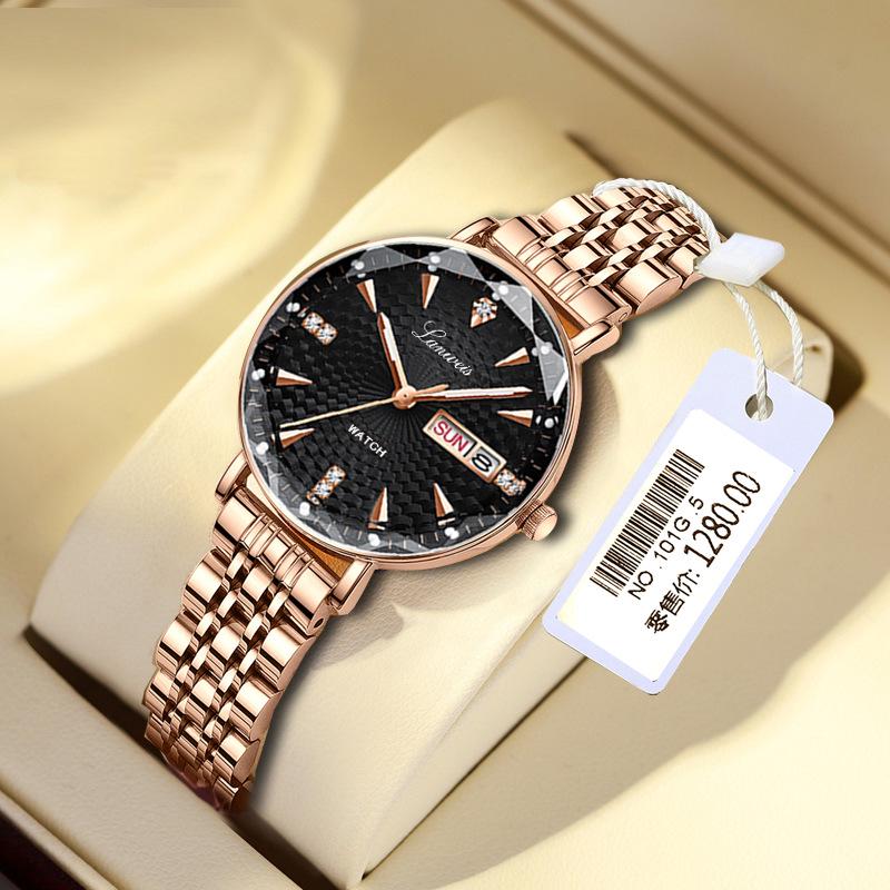 Swiss English-Chinese Women's Watch: Fashionable Butterfly Buckle, Luminous, Waterproof, Stainless Steel Band, Calendar Feature.