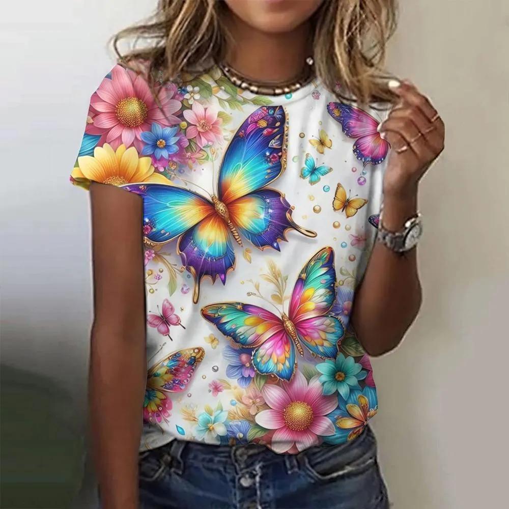 T-shirt da donna estiva a girocollo con stampa fantasia farfalla 3D, alla moda e casual a maniche corte