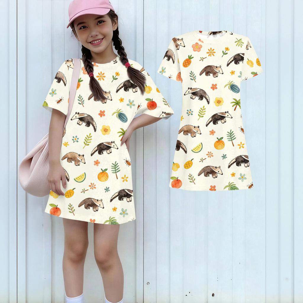 Girls Loose Fit Short Sleeve Dress Lightweight Cotton Animal Print Round Neck Kids Casual Summer Dress for Children