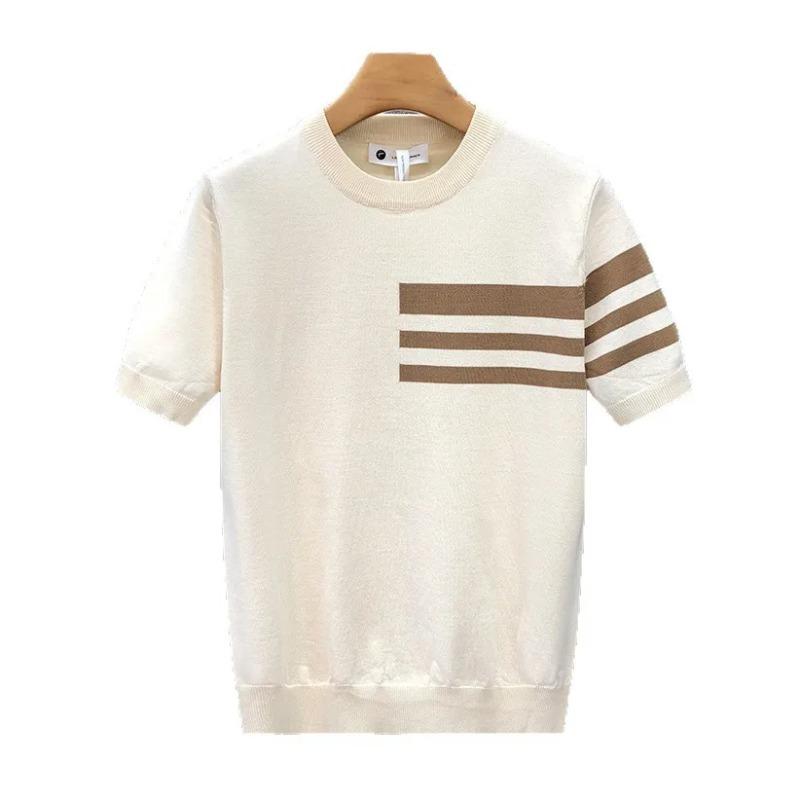 Korean Style Summer Fashion Men's Striped Color O Neck Short Sleeve Breathable Casual Trendy T Shirts