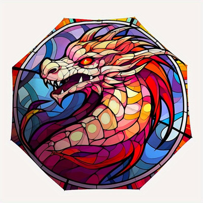 

1pc Dragon StainedGlass Automatic Open/close Folding Compact Umbrella, 8-Rib Sturdy Canopy, Lightweight Portable, Everyday Use, Gift, Outdoor Umbrella