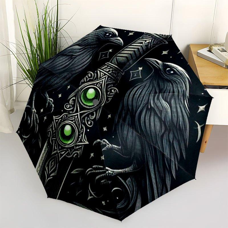 Raven&Sword Fantasy Art Print-Mystical DecorUmbrella with Cute Design,Portable 3-Fold Compact Umbrella for Men&Women,Valentine's Day Mother'
