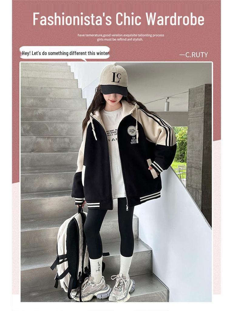 Girls' 2024 Winter Cotton-Padded Baseball Jacket
