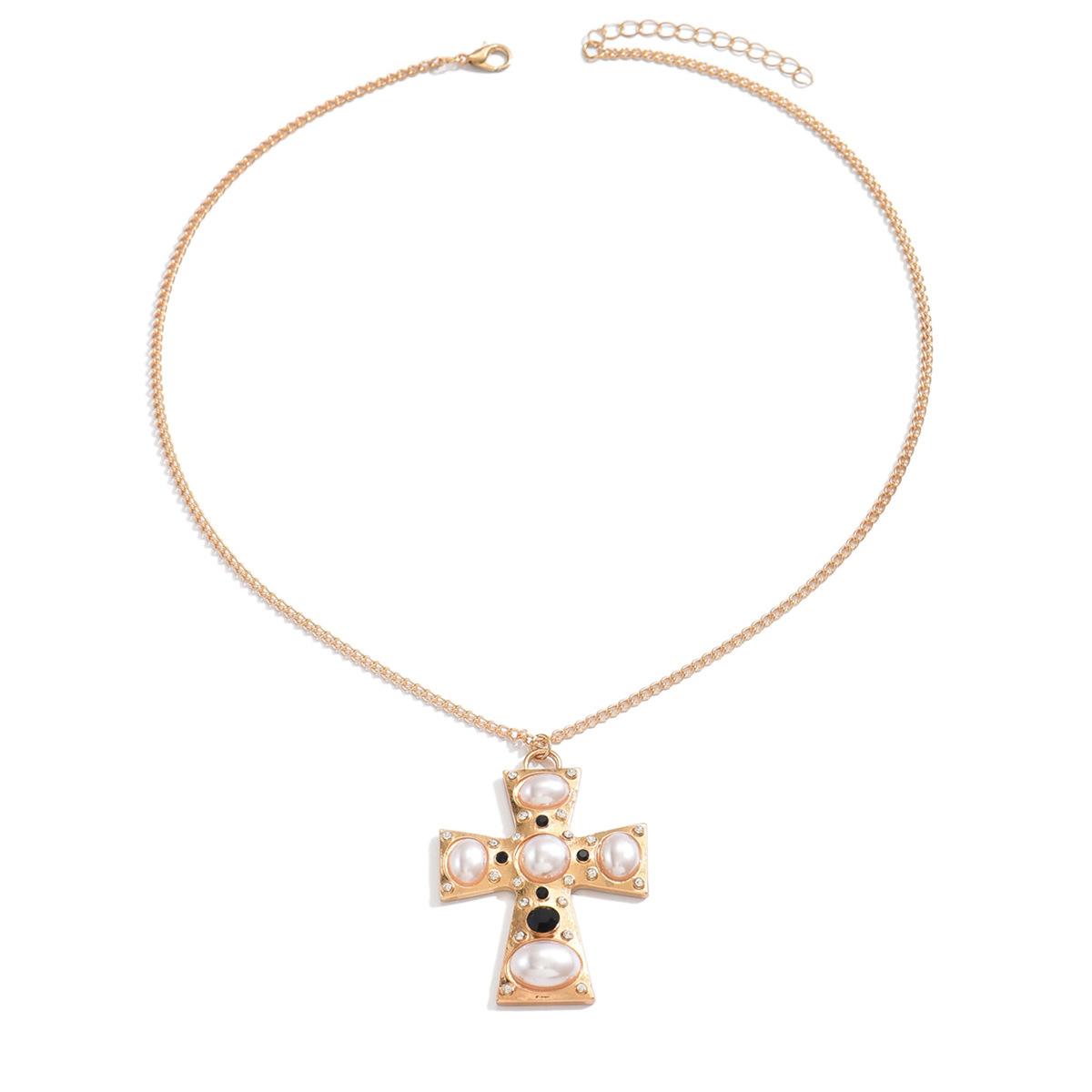 Imitation pearl metal cross pendant, European and American punk style niche necklace, women s high-end collarbone chain
