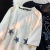 Unisex Embroidered Star Short-Sleeve T-Shirt, Pure Cotton, American Style, Trendy Loose Fit, Heavyweight Summer Tee