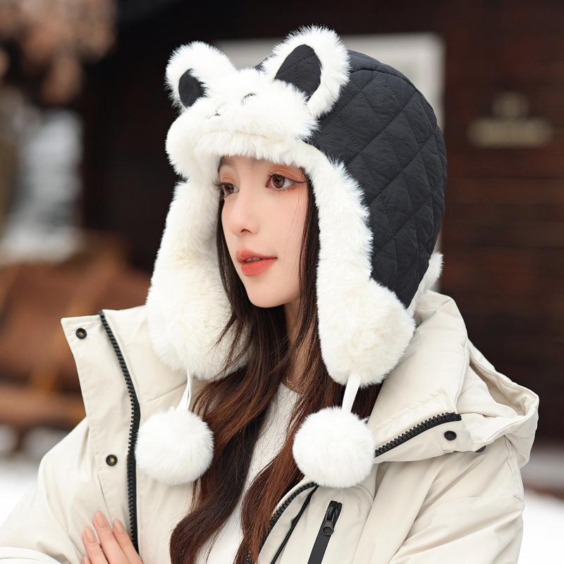Cute Rabbit Ear Plush Hat for Women In Winter Plush Warm Lei Feng Hat Riding Cold Northeast Ear Protection Hat Thick