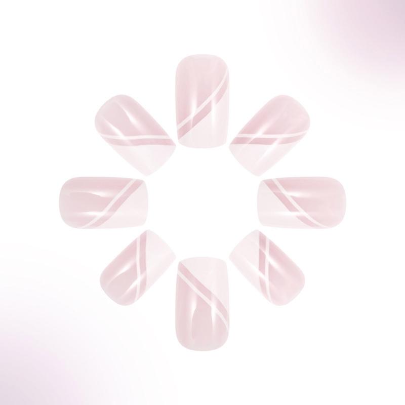 24 Pcs Simple Lines Stick On Nail Pink White Press On Nail Glossy Full Cover False Nail Artificial Nail for Woman