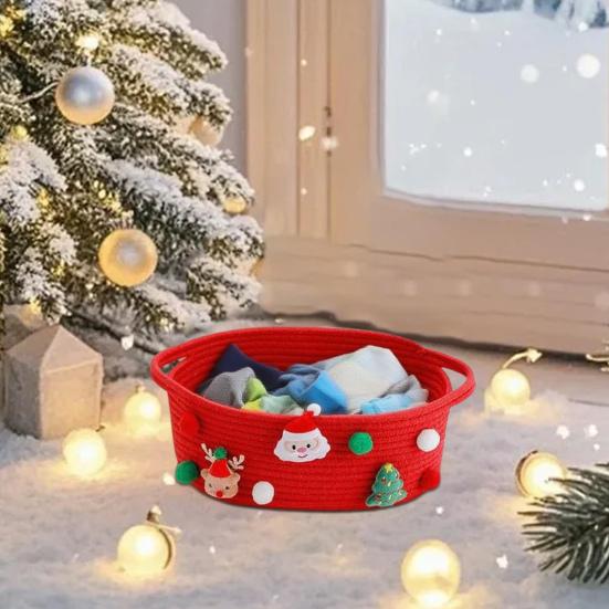 Christmas Gift Basket Braided Rope Basket with Handles Large Capacity Toy Organizer Cute Xmas Basket for Festive Gifts Home Storage